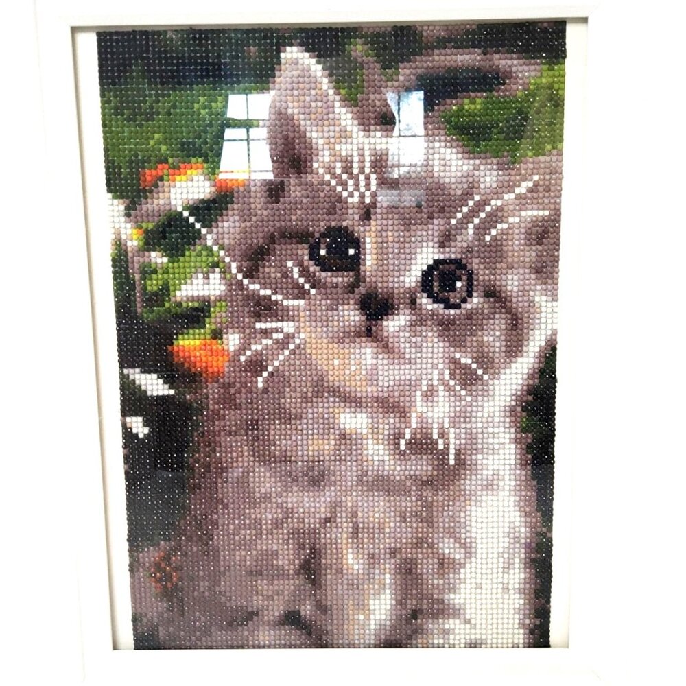 handmade beaded art colorful kitty cat picture 15"h x 12"w with frame.